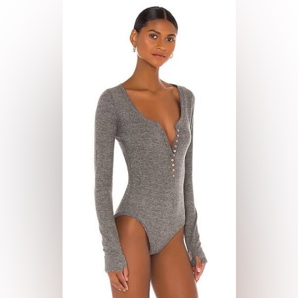 Free People Dylan Henley Thermal Bodysuit Nwt Size Large Grey Long Sleeve Boho